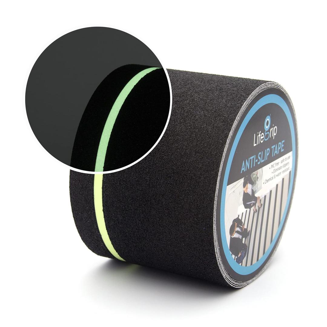 LifeGrip Anti Slip Traction Tape with Glow in Dark Green Stripe, 4 Inch x 30 Feet - Best Grip, Friction, Abrasive Adhesive for Stairs, Tread Step, Indoor and Outdoor, Black (4 inch X 30 Feet)