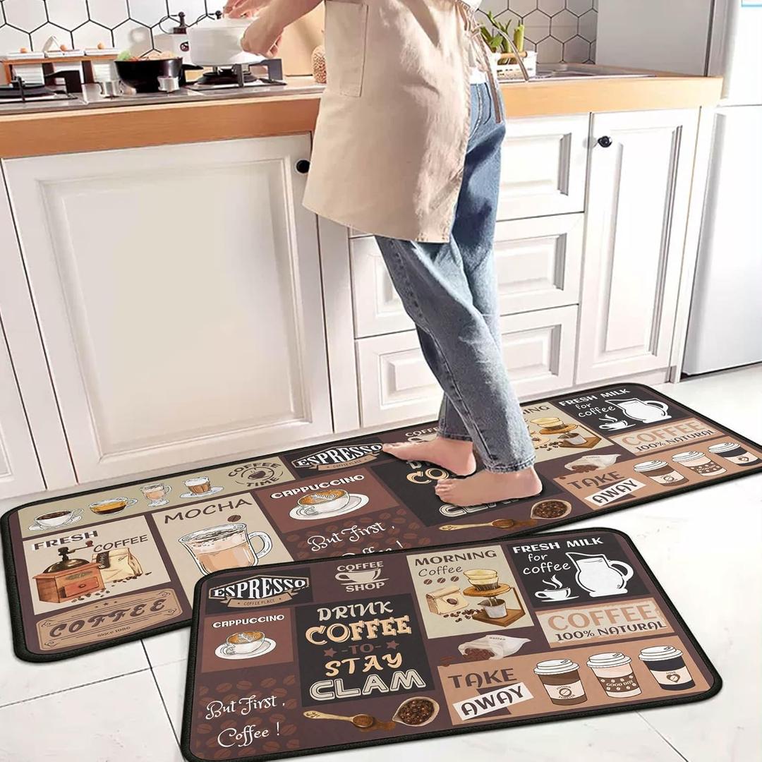 Coffee Kitchen Rugs and Mats Non-Slip, Washable, Stain and Fade Resistant, Suitable for Kitchen Mat Set of 2 Coffee Kitchen Decor 17" x47"+17"x30" (Color-60)