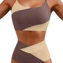 Herseas Womens 2 Piece Retro Bikini Set Color Block Cheeky Scoop Neck Swimsuit Sporty High Waisted Best Bathing Suit with Bottoms Trendy Vacation Outfits, Dark Brown, Large