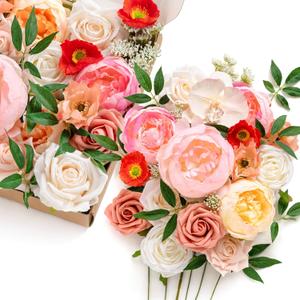 Ling's moment Fake Flowers Box, Faux Artificial Greenery Stems Foam Roses Silk Peonies Orchid Poppy Fabic Flower for Centerpieces Bouquet Wedding Vase Floral Decorations, Coral & Ivory, Grand Combo