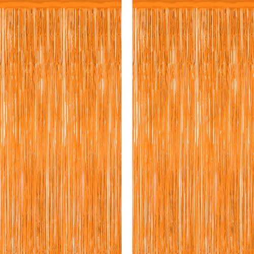 2 Pack Backdrop Curtains, 3.28 FT x 7.05 FT Orange Color Tinsel Backdrop, Metallic Party Streamer Fringe Curtains, Foil Curtains Halloween Decor Birthday Party Supplies