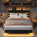 Feonase Floating Bed Frame Queen Size with Led Lights and Charging Station, Wood Queen Bed Frame with Storage Headboard, Heavy Duty Metal Slats, No Box Spring Needed, Easy Assembly, Black