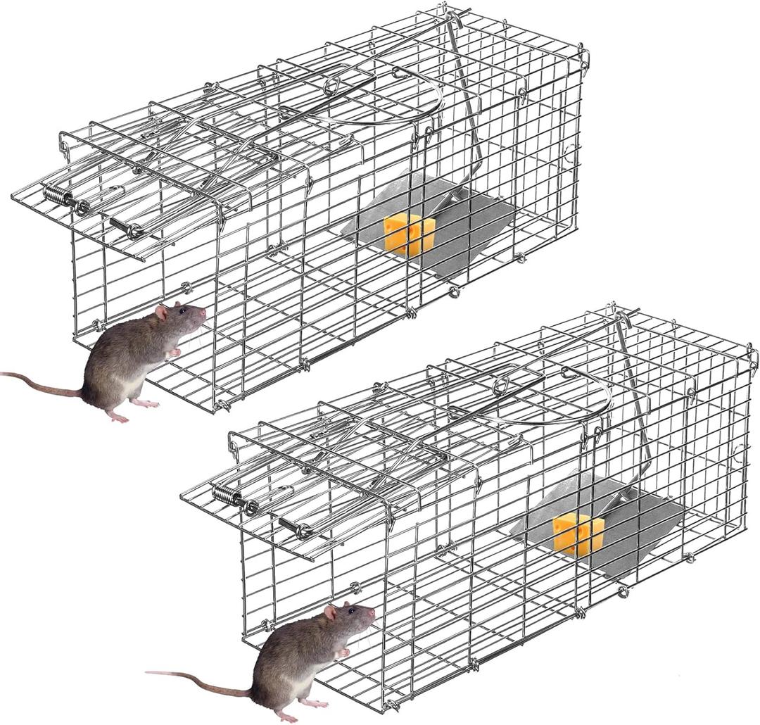 Rat Trap, Humane Live Animal Trap Outdoor & Indoor Use, Reusable Mouse Rodent Trap for Mice, Rats, Chipmunks, Voles, Heavy Duty Collapsible Metal Cage,Easy Catch & Release,High Sensitivity Trigger (2)