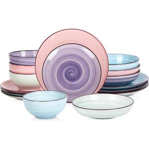 Selamica Ceramic 16-Pieces Dinnerware Set, Ceramic Dishes Set for 4, Kitchen Plates and Bowls Sets, Dinner Plates Set, Spray Black Dots, Gradient Color