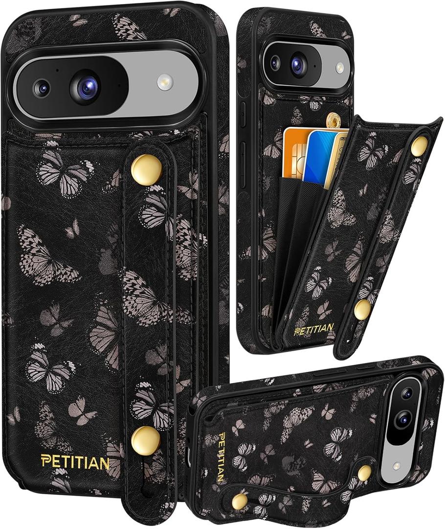 Petitian for Google Pixel 9Pro/9 Case with Wallet - Women Girls Cute Girly Aesthetic Unique Design Leather Credit Card Holder Cardholder Stand Wristband for Pixel 9Pro/9, Black Butterfly