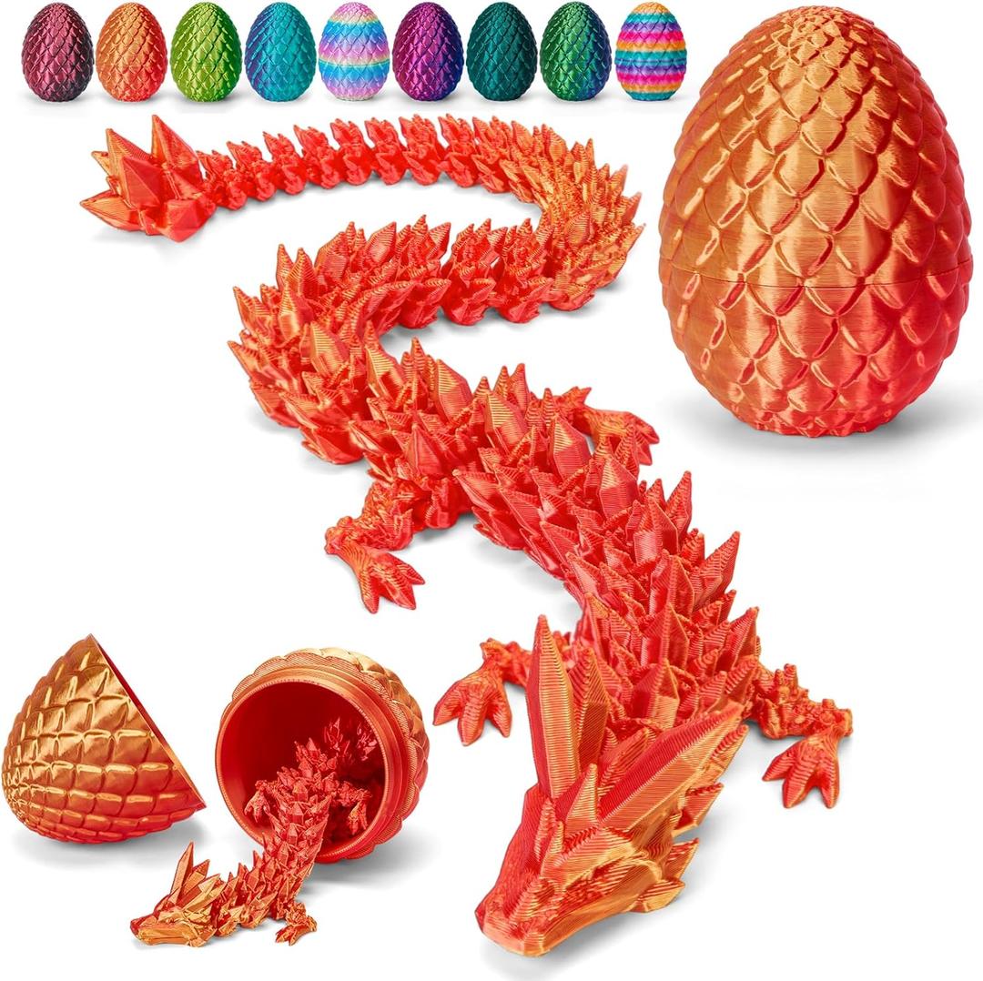 TBOLINE 12" 3D Printed Dragon Egg, Cool 3D Printer Articulated Crystal Dragon Toys for Kids, Surprise Animals Figurines Fidget Dinosaur Eggs Toys for Girls Kids Teen 5-7 4-6 8-12 (Laser Red)