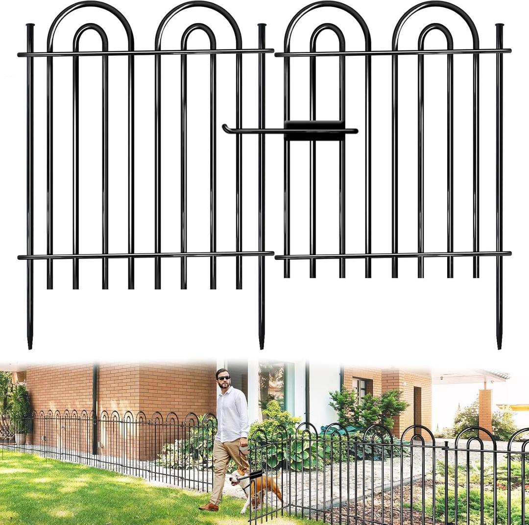 5 Panels Decorative Garden Fence with Gate, 36in(H)×10.8ft(L) Tall No Dig Fence Animal Barrier, Metal Tube Garden Edging Border, Reusable Ground Defense Temporary Fencing for Outdoor Yard, Black