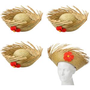 Cuffbow 4 Pcs Hawaii Straw Hat Pava Hat Puerto Rico Hibiscus Beachcomber Panama Cap Hawaiian Luau Farmer Cap Sombrero Headwear for Summer Pool Party Props Accessories(Natural)