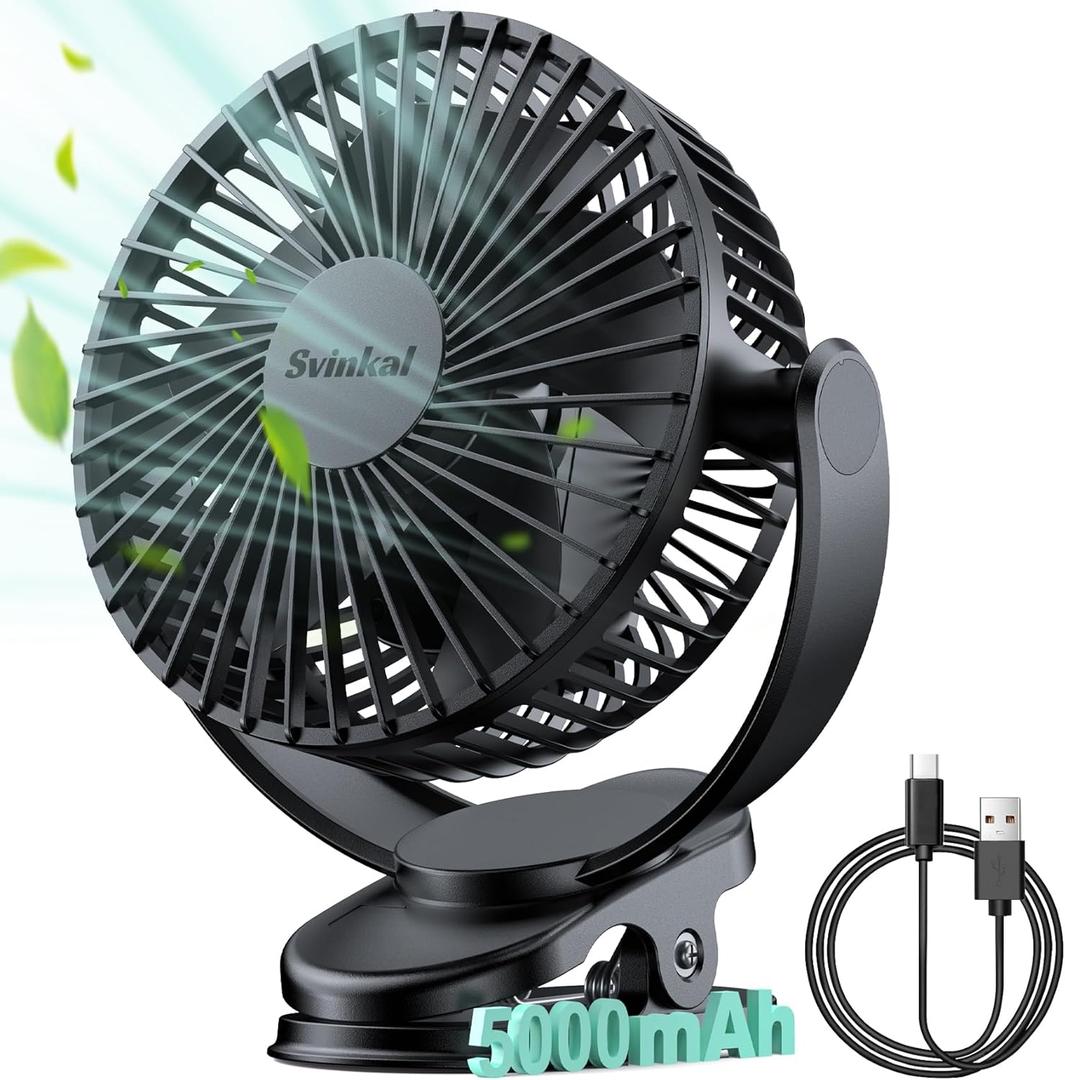 USB Personal Clip on Fan 5000mAh Battery Operated 6in, Type C, 3 Speed, 720 adjustment, Small Portable Fan for Table, Bedroom, Desk, dormitory, Camping, Stroller, Golf Cart