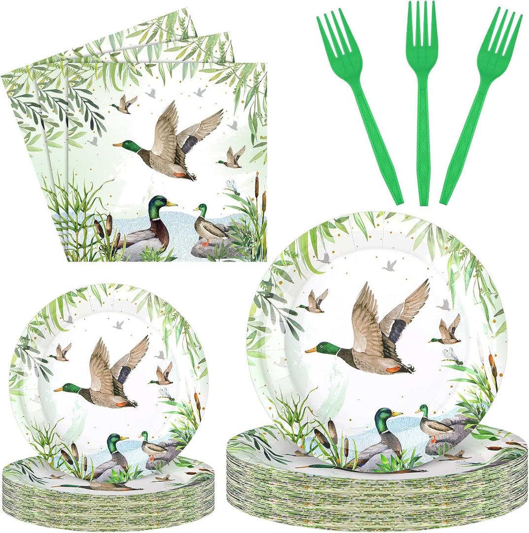 Sunnyray 96 Pcs Mallard Duck Party Decorations Supplies Duck Hunting Birthday Party Tableware Set Mallard Baby Shower Plates Napkins Forks for 24 Guests