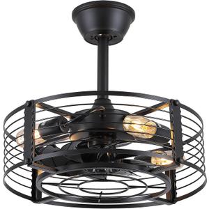 Dannilong Caged Ceiling Fans with Lights and Remote, Industrial Black Ceiling Fan Bladeless, Small Ceiling Fan with Light for Kitchen Bedroom Outdoor, 18 Inch Black Fandelier, Reversible Quiet Motor
