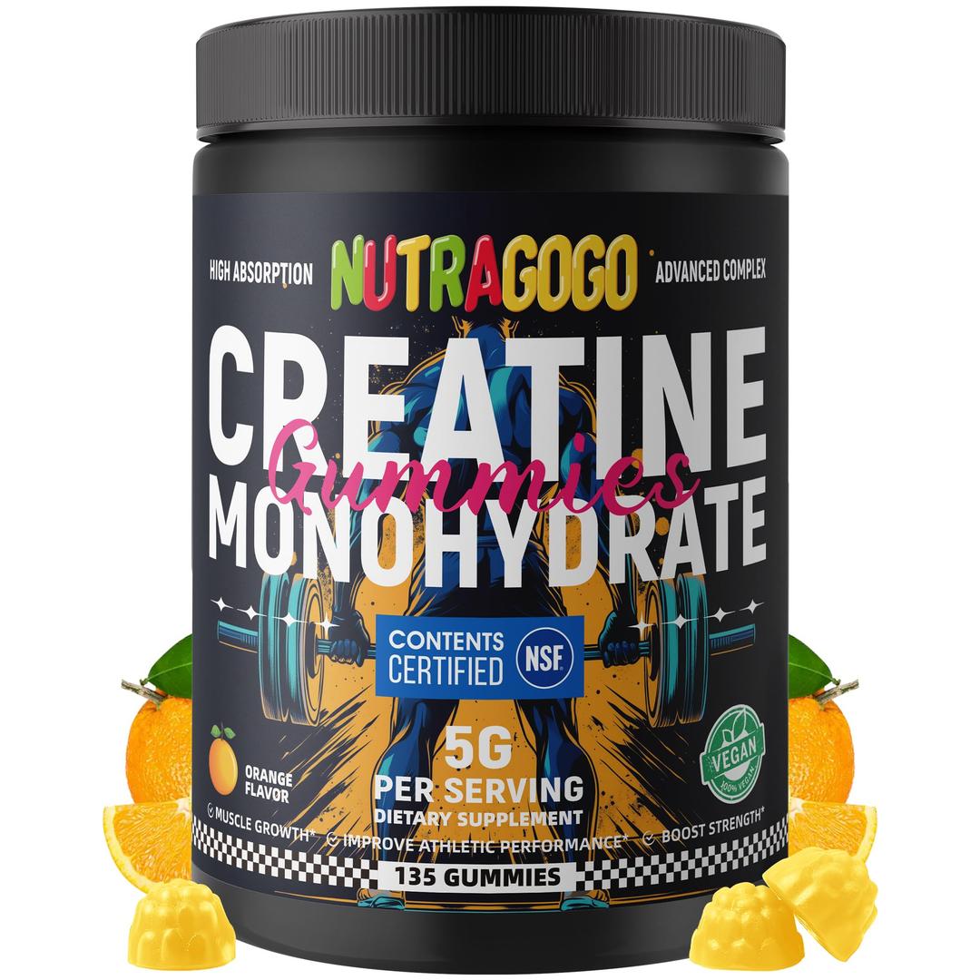 NUTRAGOGO NSF Certified Creatine Gummy - Creatine Monohydrate Gummies for Men & Women-5g of Creatine Monohydrate per Serving - Sugar Free,Vegan, Organe Electrolyte Chews, 135 Count, EXP: 05/2027