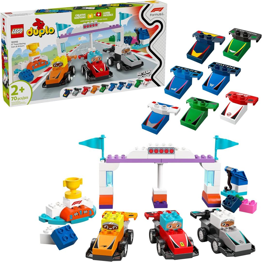 LEGO DUPLO Town F1 Team Race Cars & Drivers Building Toy Playset - Toddler Toy Cars for Pretend Play, Boys and Girls, Ages 2+ - Learning and Educational Gift for Preschool - 10445