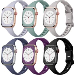 Lerobo Compatible with Apple Watch Band 44mm 42mm/Apple Series 7 Band 45mm, 6 Pack Slim Thin Narrow Waterproof Silicone Strap Replacement Sport Band for iWatch Bands 8 7 6 5 4 3 2 1 Ultra Women Men (Black/ Lavender/ Pine Green/ Blue Gray/ Dark Purple/ Light Gray)