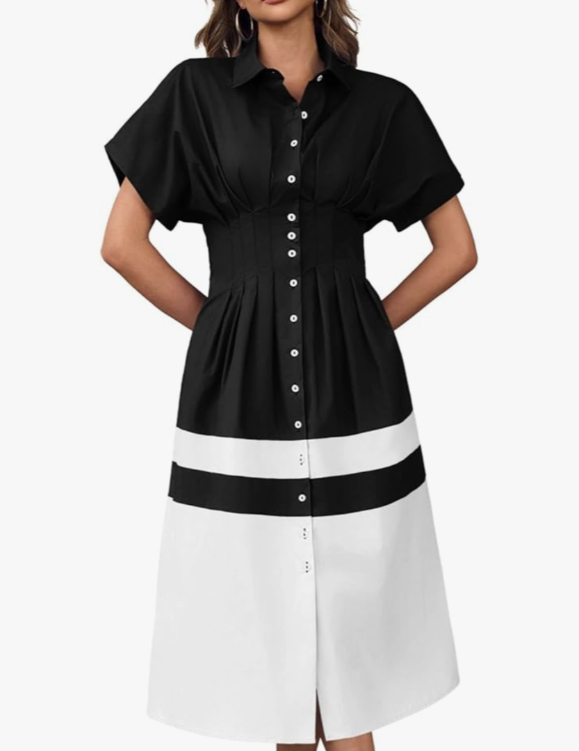 Wenrine Womens Summer Button Down Shirt Dress Casual Color Block V Neck Short Sleeve Corset Maxi Dresses Black. Size S