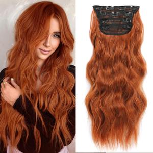 NAYOO Clip in Long Wavy Hair Extensions for Women 4PCS Copper Red Curly Synthetic Thick Hairpieces with Fiber Double Weft Hair Full Head 20 inch, Copper Red