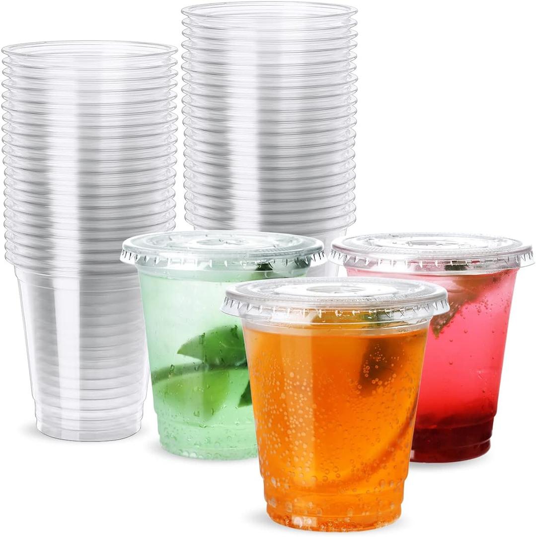 8 oz Plastic Cups with Lids 100 Pack, Disposable Clear Cups with Straw Slot Lids for Lemonade Coffee Smoothie Cold Drink Containers To-go Cup