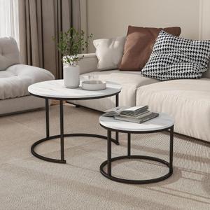 BOFENG Industrial Round Coffee Table Set of 2 End Table for Living Room,Bedroom,Office,Stacking Side Tables,Wood Look Accent Furniture with Sturdy Steel Frame,Easy to Assemble,White