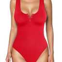 Popilush Bodysuits for Women Tummy Control Henley Going Out Shirts Tops Button Down Red Body Suit Sleeveless Thong Tank Top, Red, Size M/L