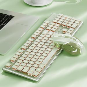 SEUNKWANG V3 Wireless Keyboard and Mouse with Single Backlit, Metal Panel, Bluetooth/2.4G Rechargeable Silent Keyboard and Mouse Combo Light up Full Size Cute Keyboards-Green