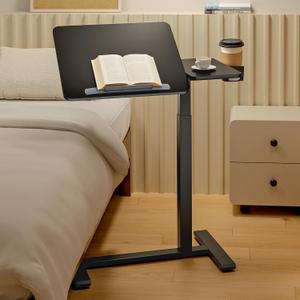 Overbed Bedside Table with Wheels, Pneumatic Adjustable Medical Tilt Top Hospital Bed Table Over The Bed, Rolling Laptop Desk, Mobile Standing Desk for Hospital and Home Use, Black, 28" x 16" x 43"