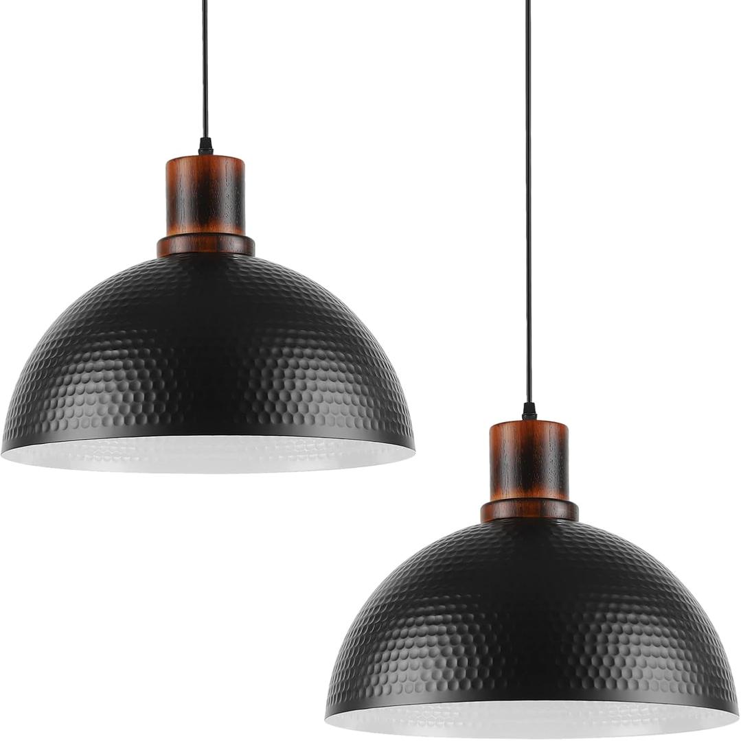 2 Pack Solid Wood Pendant Lights,16" Hammered Metal Black Finish Hanging Lighting Modern Lamp Industrial Dome Ceiling Light Fixtures for Kitchen Island Farmhouse Dining Room