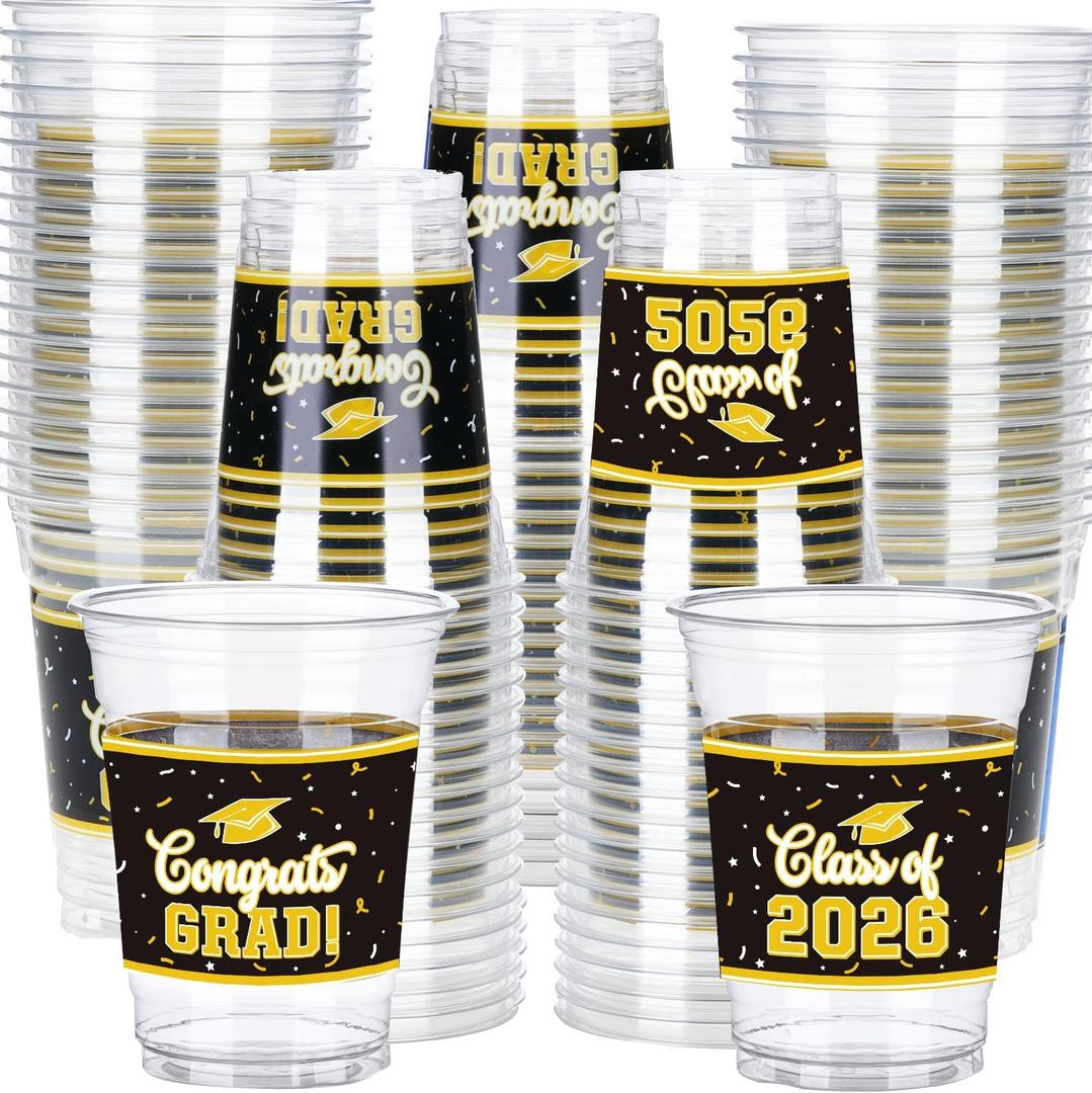 100 Pcs 12oz Graduation Cups Class of 2026 Disposable Graduation Plastic Cups, 2026 Grad Party Cups for Congrats Grad, Class of 2026 Celebration Party Supplies Tableware