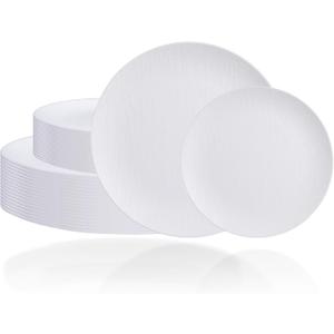 WONDERFUL 32pcs White Plastic Plates Reusable Unbreakable Dinnerware Set Dishes Set Dishwasher Safe Outdoor Plates Includes:16 Dinner 10" and 16 Dessert Plate 7.3" Ideal for Wedding/Mothers Day