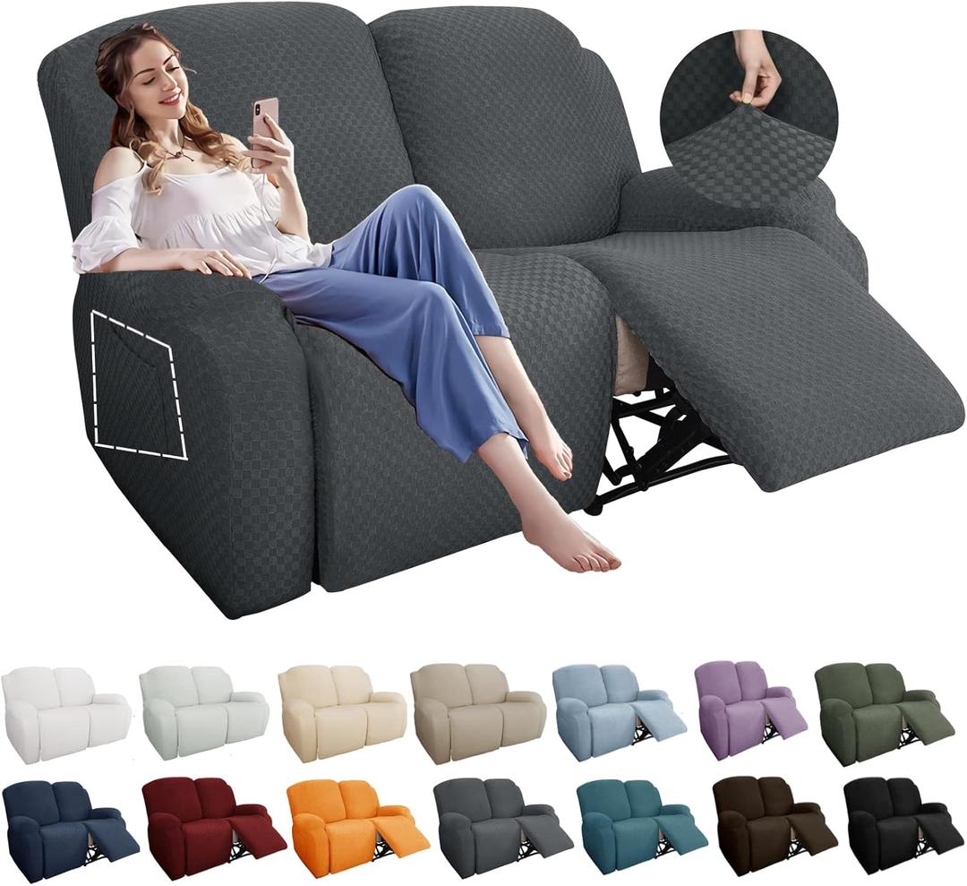 YEMYHOM 6 Pieces Stretch Loveseat Recliner Slipcover Jacquard Recliner Sofa Cover with Side Pocket Fitted Recliner Cover Couch Furniture Protector with Elastic Bottom (Loveseat Recliner, Dark Gray) (2 Seater)