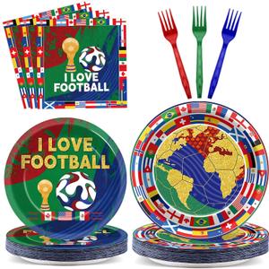 96Pcs 2026 World Soccer Tournament Cup Party Plates and Napkins Soccer Theme Decoration Football Sports Events Paper Disposable Plates Sport Tableware Set for International World Flags Favors 24 Guest