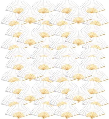 Bememo 48 Pack 8.3 Inch Chinese Paper Foldable Hand Fan for Women, Paper Silk Bamboo Handheld Decorative for Wedding Bridal Shower Festival Dance Decoration Party Favors DIY (White)