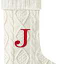 21 Inches Knitted Christmas Stockings with Initials, Large White Custom Monogram Embroidery Christmas Stockings with Letter, Personalized Xmas Decoration for Holiday Family Party-J