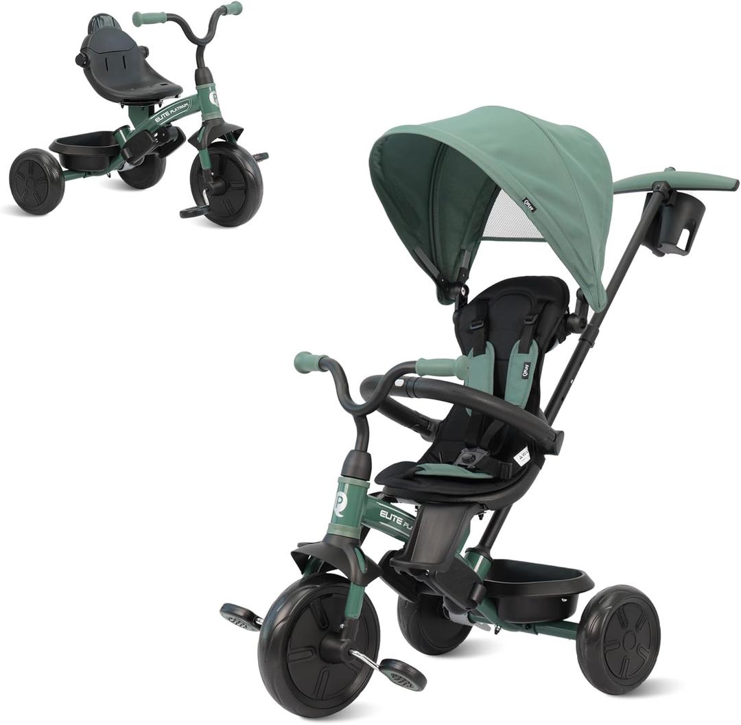 QPlay Baby Tricycle Ages 10 Months - 6 Years,6 in 1 Toddler Tricycle Stroller with Adjustable Parent Handle,Safety Harness & Wheel Brakes,Removable Canopy, Trike Bike Gifts for Boys & Girls (Green)