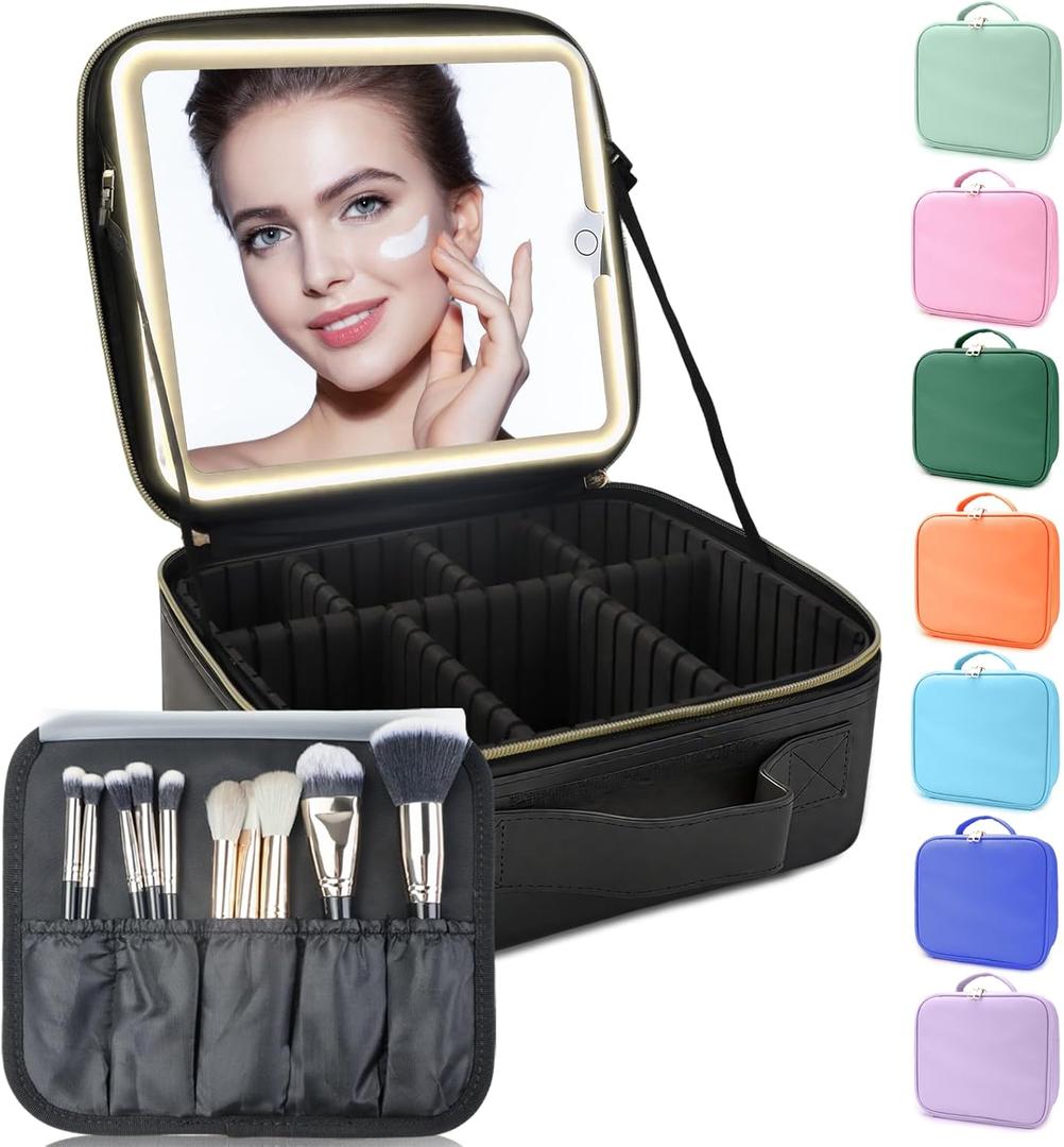 Makeup Bag with Led Mirror,with 3 Color Setting,Portable Storage and Adjustable Dividers Travel Makeup Bag, for Women and Makeup Artists Large Vanity Makeup Cases-Black
