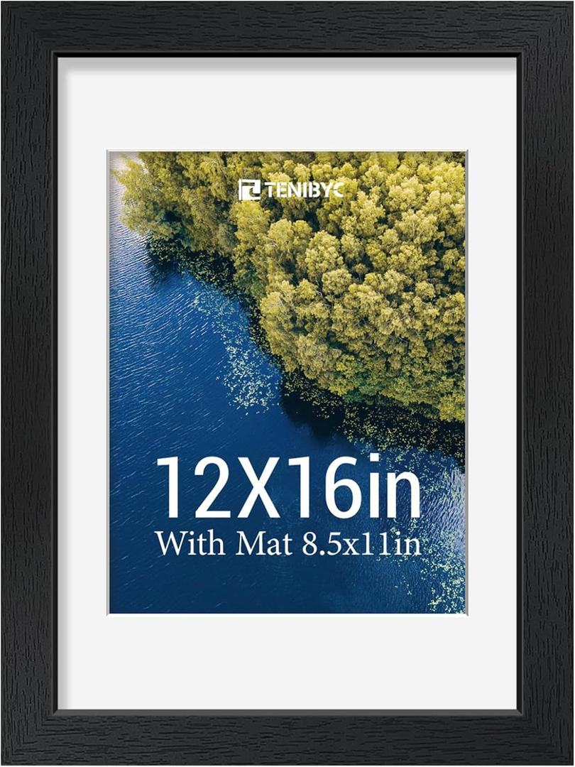 12x16 Picture Frame, 8.5x11 Mat, Black Wood, Glass, 1 Pack,