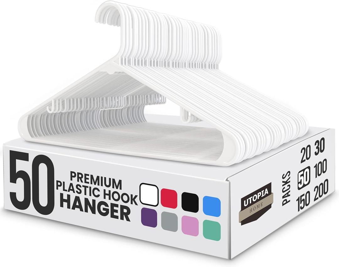 Utopia Home Plastic Hangers 50 Pack - Space Saving Clothes Hanger - Durable & Strong Closet Organizers and Storage with Built-in Strap Hooks - Essential for Shirts, Pants, Skirts & Coats (White)