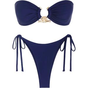 ZAFUL Metal Ring Bandeau Bikini Set Tie Side Bathing Suit High Cut 2 Piece Swimsuit Cutout Swimwear (X-Large, Matte Deep Blue)