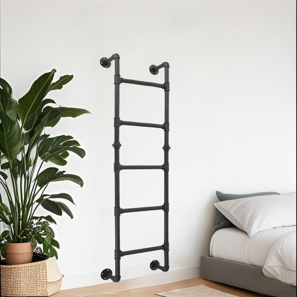 5.4FT Wall Mounted Metal Step Ladder,Bunk Bed Ladders for Home, Basement Window Well Egress, Loads 330lbs,Black Fire Emergency Escape Ladder for High Entrance Attic Egress,Sturdy Bunk Bed Climbing