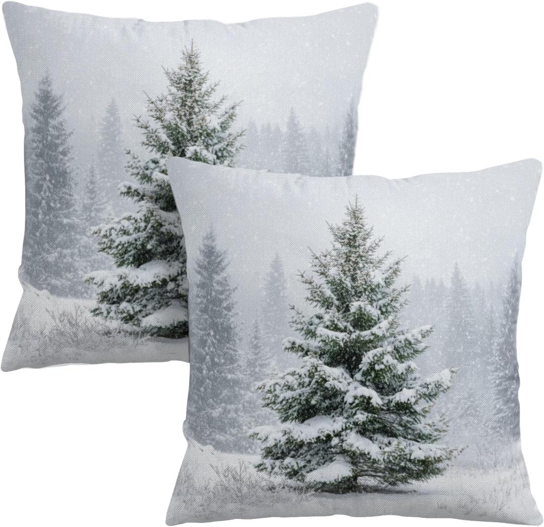 Winter Pillow Covers 18x18 Set of 2 Christmas Pine Tree Decorative Outdoor Throw Pillow Cases Rustic Natural Forest Snowflake Farmhouse Holiday Cushion Case for Home Couch Sofa