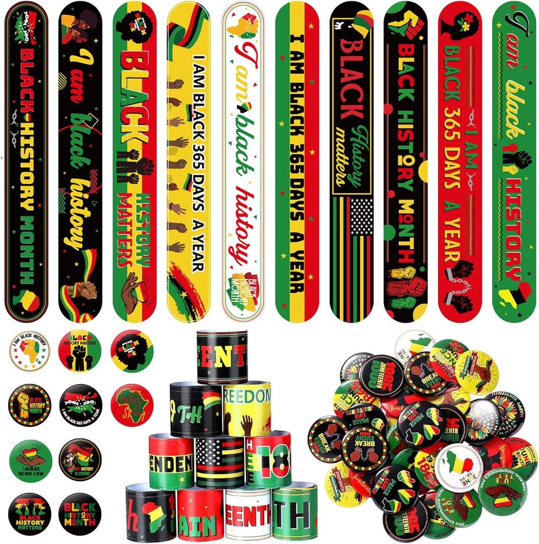 5 x Frienda 60 Pcs Black History Month Party Favors Kente African American Slap Bracelets and Badge Pins Gifts Set for Black History Month 1865 Freedom Day Party Goodie Bags Stuffers Supplies