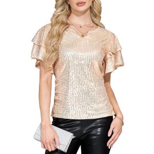 Women Sparkle Sequin Tops Glitter V Neck Elegant Blouse Tiered Ruffles Sleeve Cocktail Soiree Evening Party Disco Club Concert Shirt Champagne XXL (Beige, XXL)