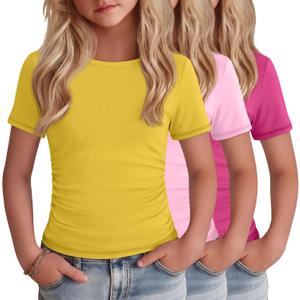3 Pack Girls Boat Neck Tops | Short Sleeve, Slim Fit, Side Ruched, Casual, Summer, Cute, Basic, Kids, School, Play, for Girls