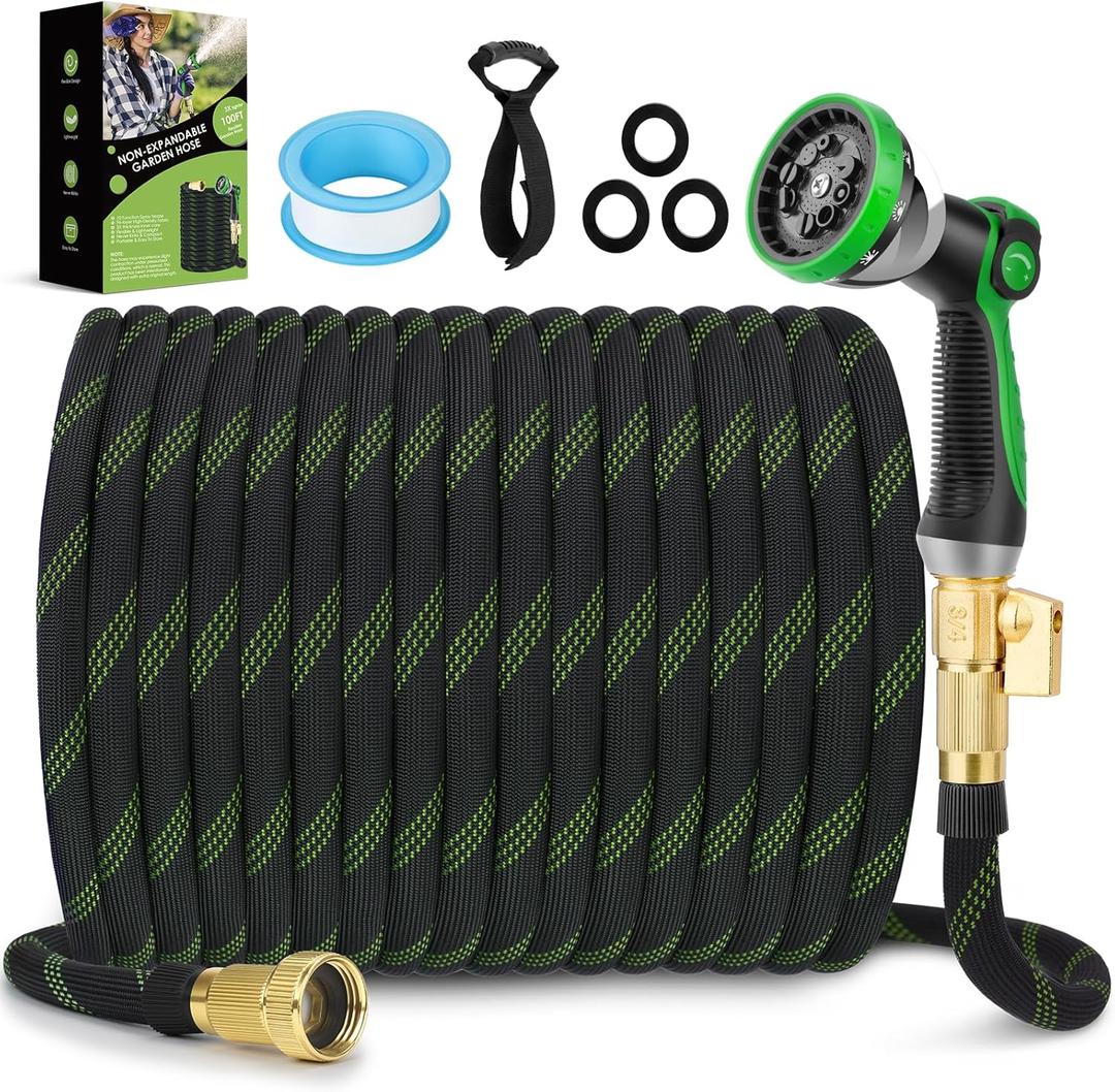 Non-Expandable Garden Hose 50 ft, Ultra Lightweight & Flexible Water Hose With 10-Pattern Spray Nozzle, Full Length Leak-Proof Design, High-Density Fabric & Shut-Off Valve, Hose Straps Green Non-Expandable Garden Hose 50 ft, Ultra Lightweight & Flexible Water Hose With 10-Pattern Spray Nozzle, Full Length Leak-Proof Design, High-Density Fabric & Shut-Off Valve, Hose Straps Green