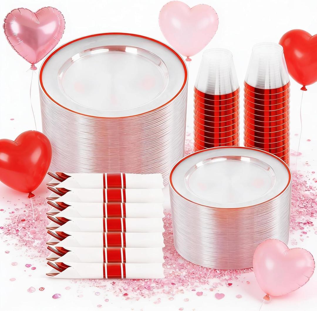 SUT 350 Pcs Red and Clear Plastic Dinnerware Set for 50 Guests, Include: 50 Dinner Plates, 50 Dessert Plates, 50 Pre Rolled Napkins With Silverware, 50 Cups, Disposable Plates for Party