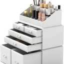 READAEER Makeup Organizer 3 Pieces Cosmetic Storage Case with 6 Drawers (White)