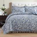 Blue Floral King Quilt Set - 100% Cotton Farmhouse Reversible Quilt Bedding Set - Blue and Light Gray Luxury Elegant Cottage Quilts - Lightweight Bedspreads for All Season 3 Piece (King(106"x98"))