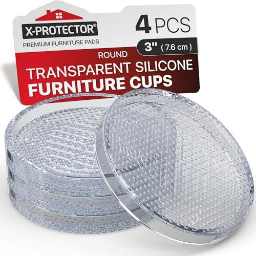 X-Protector Furniture Cups - 4 PCS 3" - Non Slip Furniture Pads for Hardwood Floors - Transparent Floor Protectors - Bed Stoppers to Prevent Sliding - Keep Furniture from Sliding on Floor! (Round)