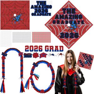Dunzoom 48 Pcs Spider DIY Graduation Ribbon Lei and Cap Decoration Kit 62.2'' Double Braided Money Lei Glitter Grad Cap Topper Sticker Accessories for DIY Class of 2026 Party Supplies