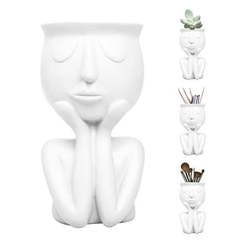 Simple and Creative Decorative Flower Pots, Resin Face Planter Pots, Vase for Small Succulent, Flower Pot Pencil Pen Holder, Minimalist Decorative, Modern Vases for Home Office Shelf Decor (White)