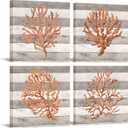 iKNOW FOTO Retro Orange Coral Canvas Prints Ocean Beach Wall Art for Bedroom 4 Pieces 12x12'' Framed Watercolor Paintings Marine Plants Pictures Ready to Hang for Bathroom Home Decoration (Small)